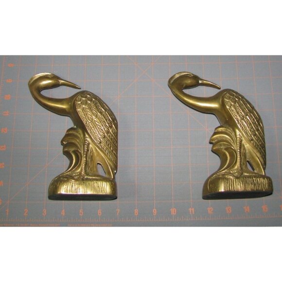 Vintage Brass Crane Bird Bookends Pair Ornate Design 7.5" Tall Elegant Decor Fun - Picture 6 of 11